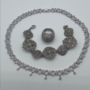 Elegant Silver Rhinestone Necklace Bracelet Ring Jewelry Bundle